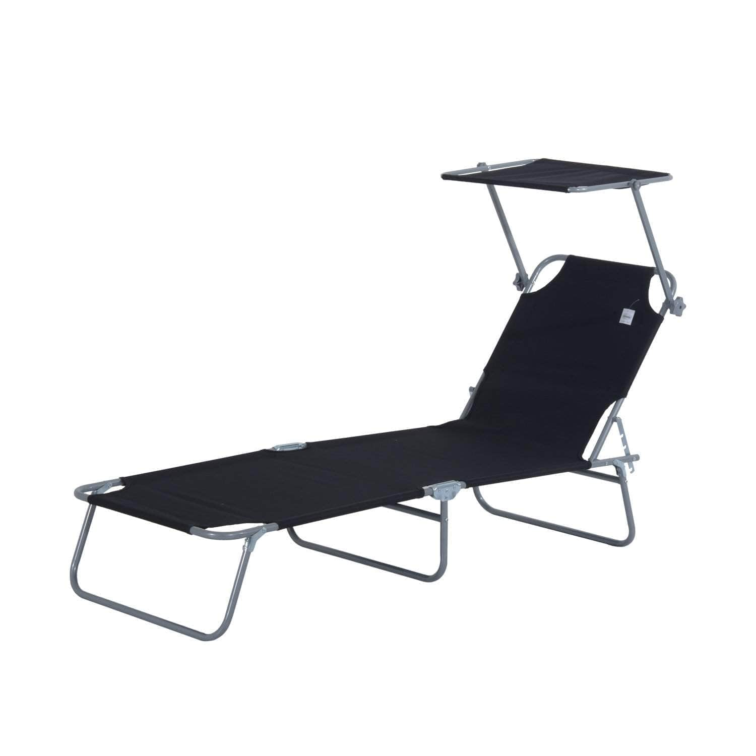 Aosom Lounge Chair Black Outdoor Patio Folding Reclining Lounger Chair with Adjustable Sun Shade - Available in 6 Colours