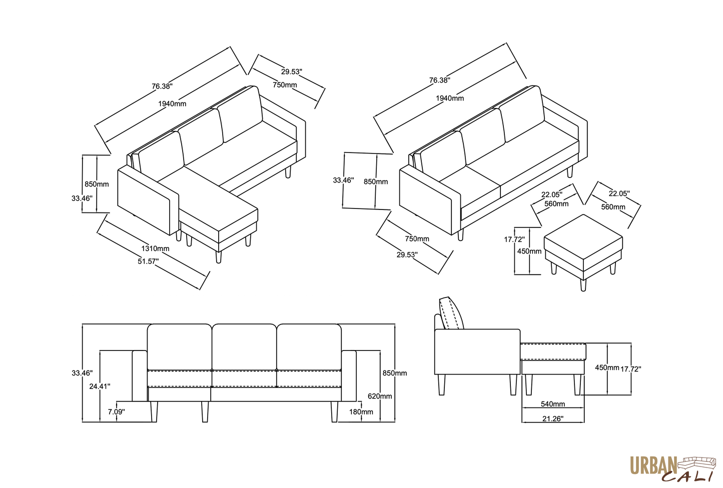 Hillsborough 76" Wide Boucle Sectional Sofa with Reversible Chaise - Available in 3 Colours