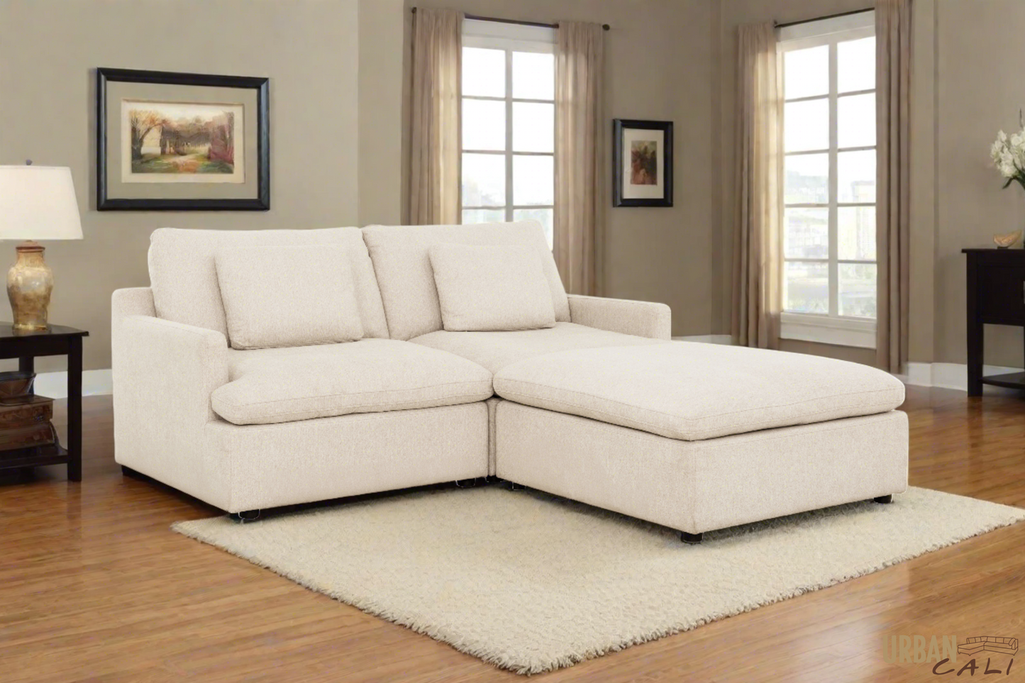 Long Beach Small Modular Sectional Sofa with Ottoman in Axel Beige