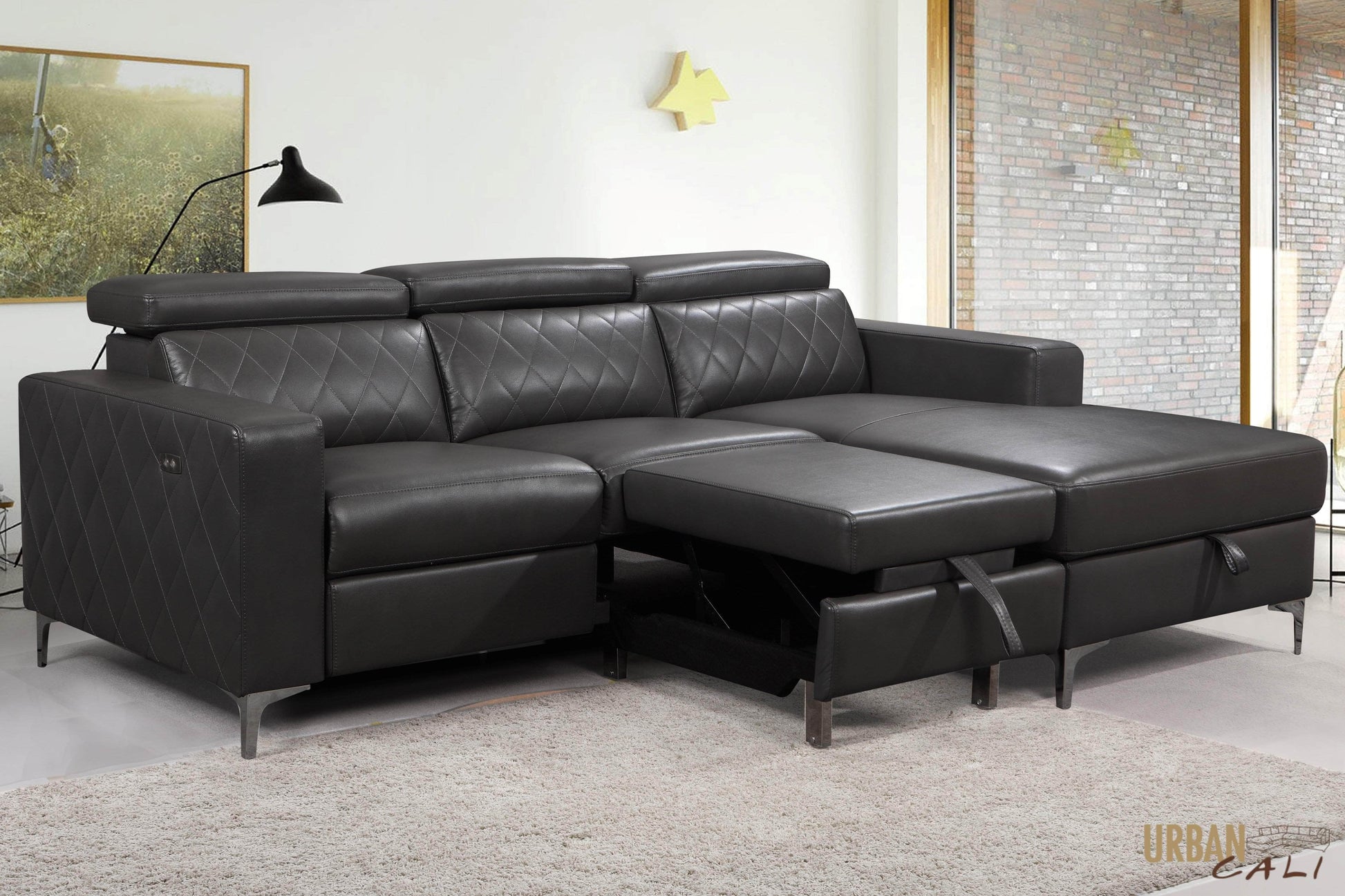 Urban Cali Sleeper Sectional Berkeley Sleeper Sectional Sofa Bed with Storage Chaise and Power Recliner in Mirage Charcoal - Available in 2 Options